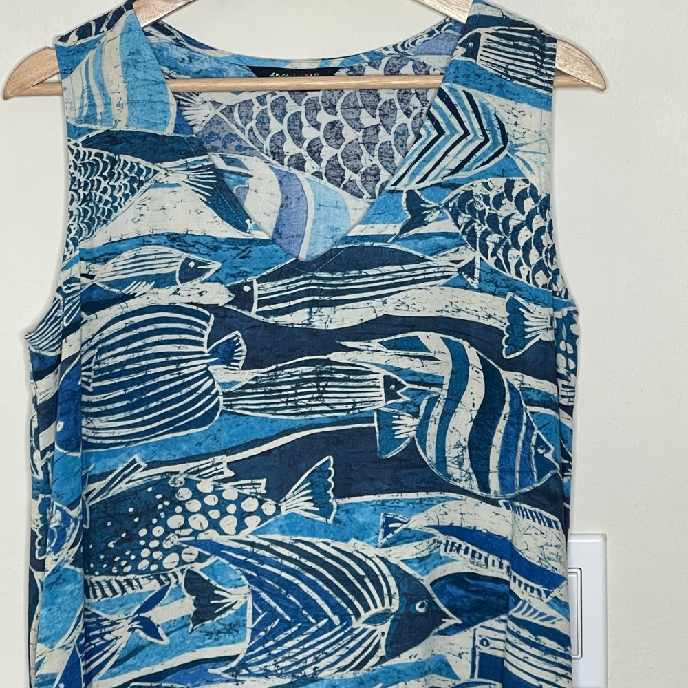 Jams World Womens Blue Fish Batik Print V-Neck Ruffle Hem Shift Dress Sleeveless - Picture 3 of 10